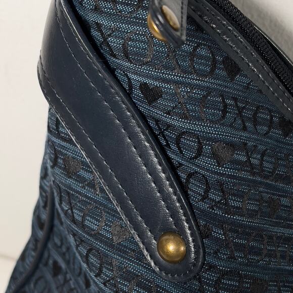 Large Vintage XOXO Hobo Blue Black Letters Brass Studded Y2K Zippered Tote Bag - Picture 7 of 16
